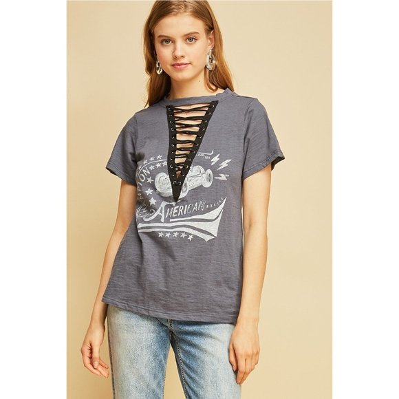 entro Tops - Entro Lace Up Graphic Tee, Charcoal